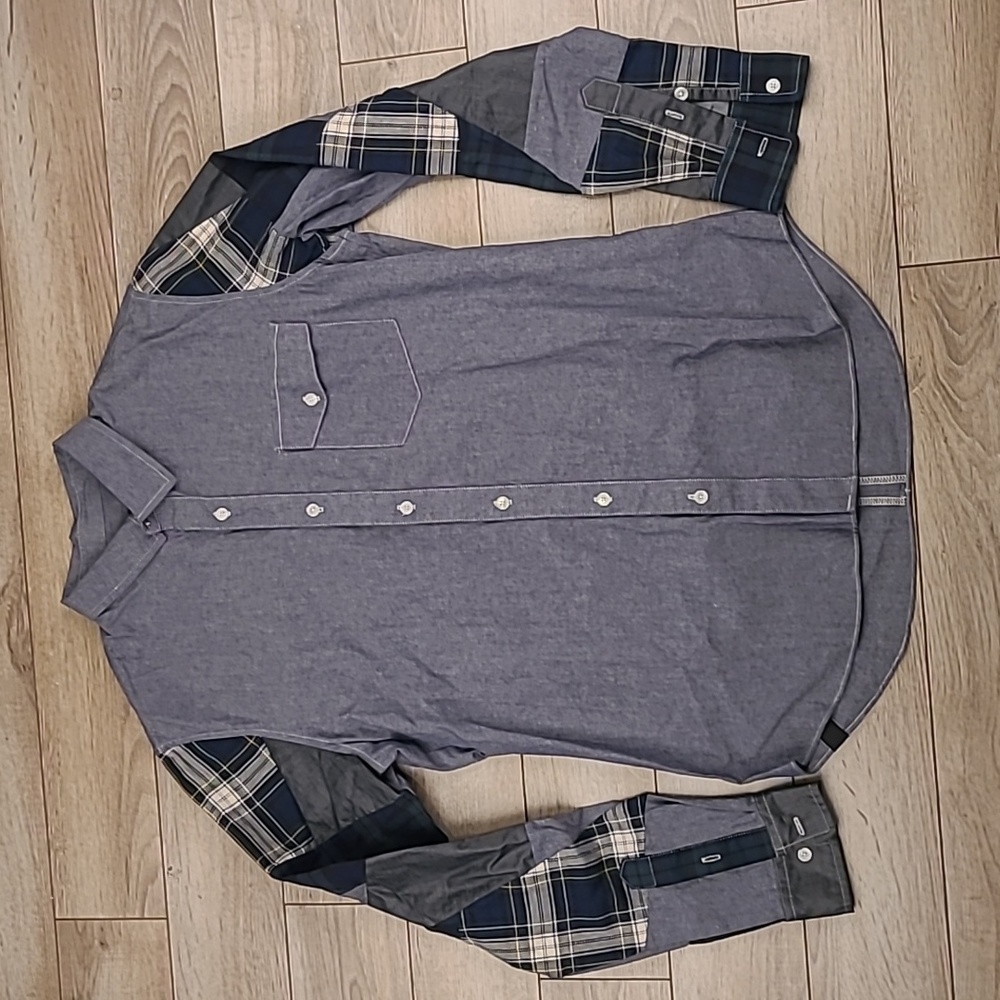 MOSTLY HEARD RARELY SEEN Grey Denim Patchwork‎ Mens Medium Long Sleeve Shirt